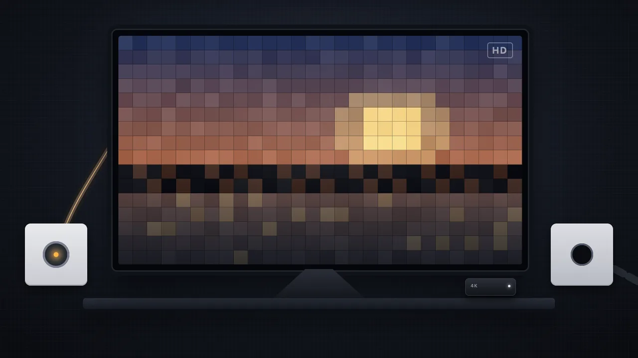 Grosser Fernseher mit grob verpixeltem Sonnenuntergang und HD-Kennzeichen, darunter eine 4K-Streamingbox; links eine Koaxdose mit leuchtendem Signal, rechts eine leere Glasfaserdose