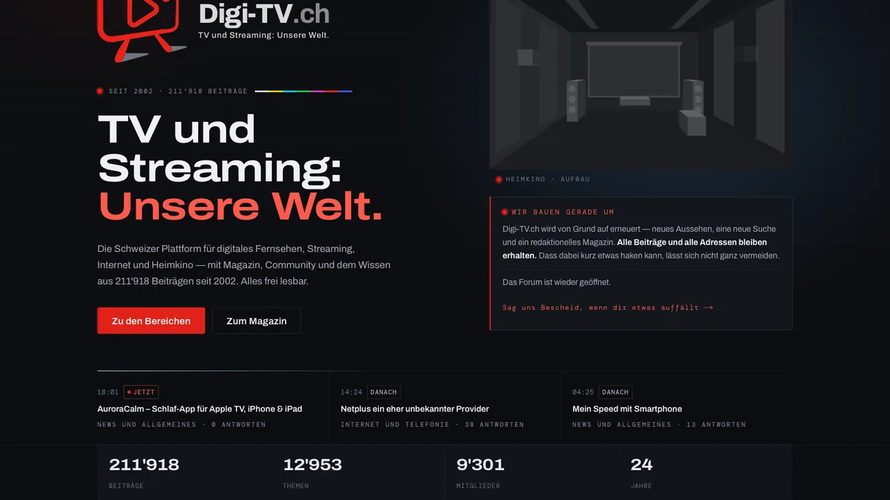 Die neue Startseite von Digi-TV.ch: rotes Signet, Heimkino-Szene und die Zeile «TV und Streaming: Unsere Welt»