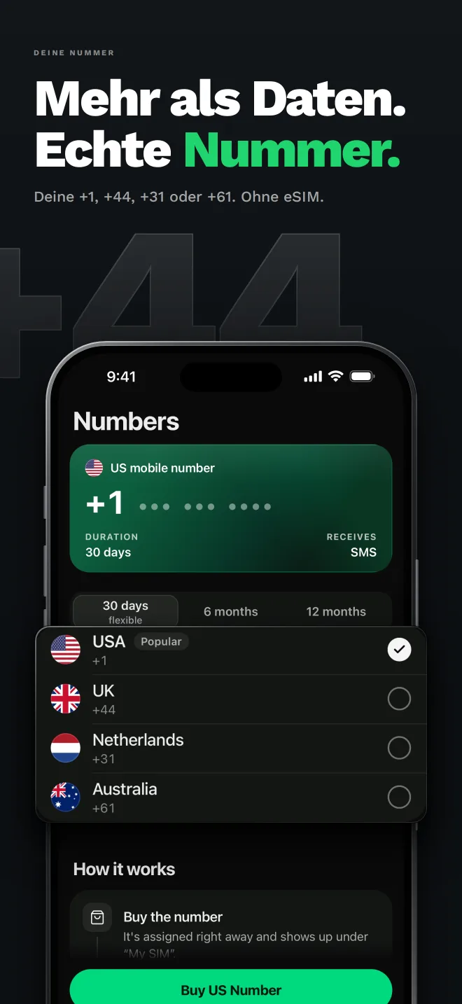 Simbye-App mit der Auswahl einer echten Telefonnummer aus den USA, Grossbritannien, den Niederlanden oder Australien