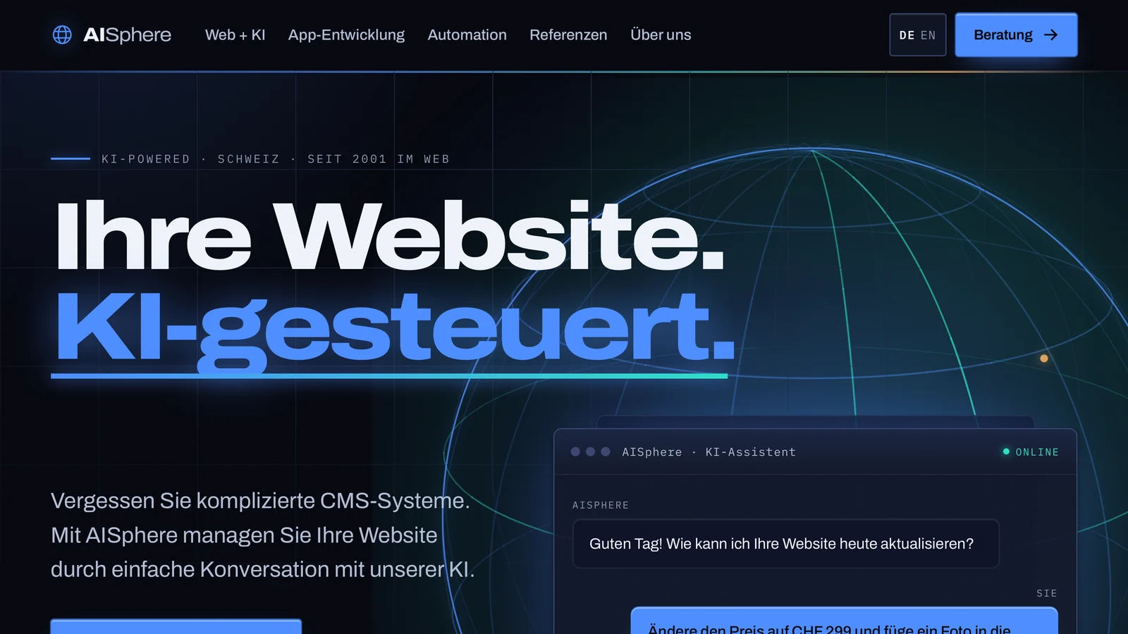 Startseite von aisphere.ch: «Ihre Website. KI-gesteuert.» mit dem Chatfenster des KI-Assistenten